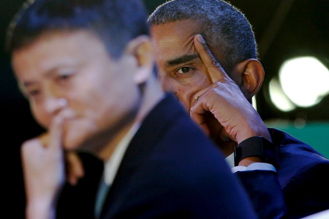 Izvršni direktor in ustanovitelj Alibabe Jack Ma in nekdanji predsednik ZDA Barack Obama. FOTO: REUTERS/Jonathan 