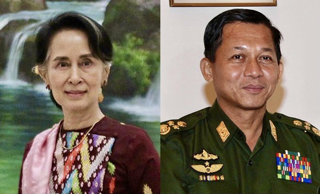 Aung San Suu Kyi (levo) in Min Aung Hlaing (desno). Foto: Wikimedia