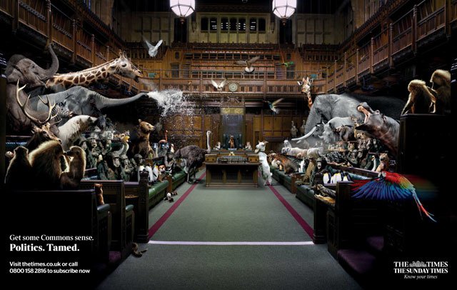 V oglasni kampanji za časnika The Times in The Sunday Times so prikazali angleške politike ob brexitu kot živali v živalskem vrtu. Slednje je privabilo nove naročnike. Foto: Www.framestore.com