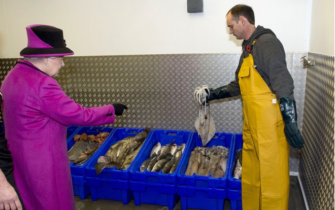 Britanska kraljica Elizabeta II. si je morski izplen ogledala v ribarnici West Quay Fisheries na ribji tržnici v Sussexu. Foto Reuters
