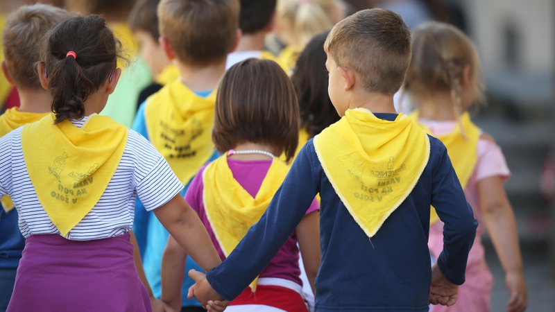 Fotografija: Prvošolci z rumenimi ruticami. FOTO: Jure Eržen/Delo