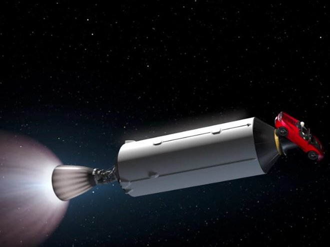 Slika Muskove Tesle na konici rakete Falcon Heavy. FOTO: SpaceX / YouTube