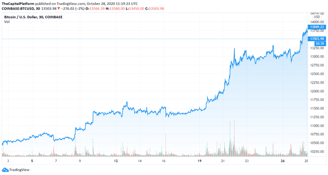 Graf prikazuje ceno bitcoina v USD na trgovalni platformi Coinbase v mesecu oktobru 2020. FOTO: TradingView