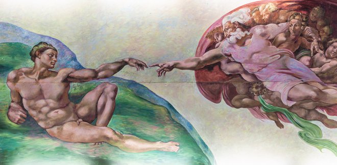Del te freske prikazuje stvarjenje človeštva, na kateri Adam s svojo roko sega proti bogu. FOTO: Shutterstock