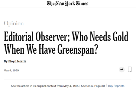 Članek revije The New York Times (1999): Kdo potrebuje zlato, če imamo Greenspana. FOTO: Posnetek zaslona