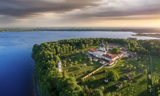 Pazaislis Monastery in Kaunas, Lithuania. One of the Famous Place in Lithuania located on a peninsula. Kaunas Reservoir is near it. Drone aerial view.