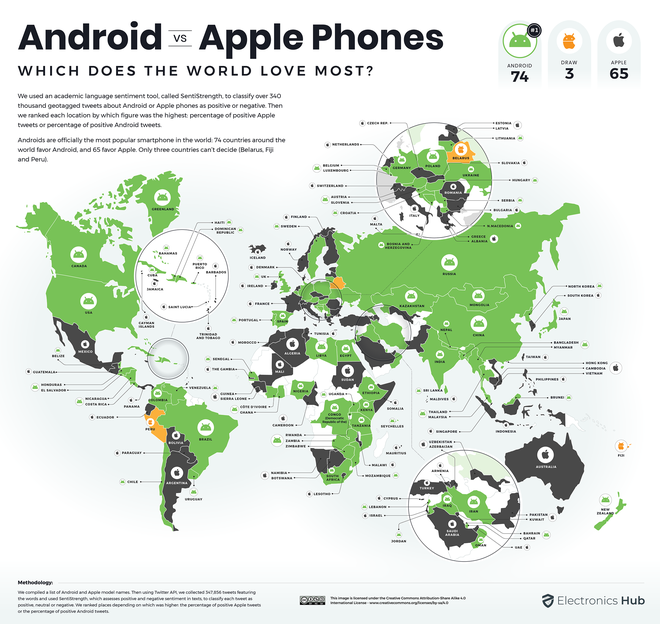 Zemljevid priljubljenosti Appla in Androida, Foto: ElectronicsHub