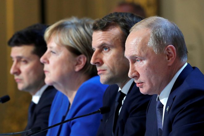 Vladimir Putin, Emmanuel Macron, Angela Merkel, Volodymyr Zelenskiy, 9. december 2019, Francija. Foto: Charles Platiau / Reuters
