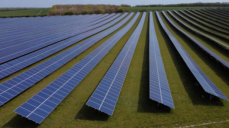 Fotografija: Polje sončnih panelov v Veliki Britaniji, 26. april, 2021. Foto: Matthew Childs / Reuters
