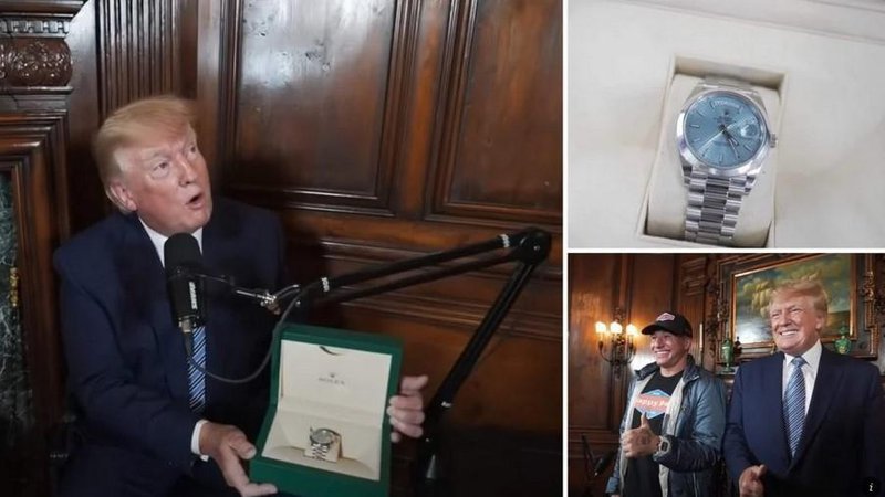 Fotografija: Nekdanjemu predsedniku Združenih držav Amerike, Donaldu Trumpu je priljubljeni vplivnež, Steve Deleonardis, za sodelovanje v podcastu podaril redek Rolex Platinum Ice Blue Day Date za 97.000 evrov. Foto: posnetek zaslona/Luxury Launches
